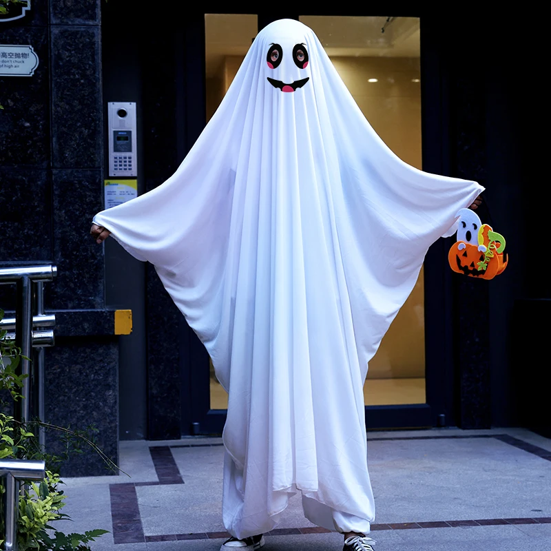 

Halloween Ghost Costume with Free Pumpkin Bag - White Spooky Robe for Kids & Adults - Trick or Treat Outfit Party Role Play