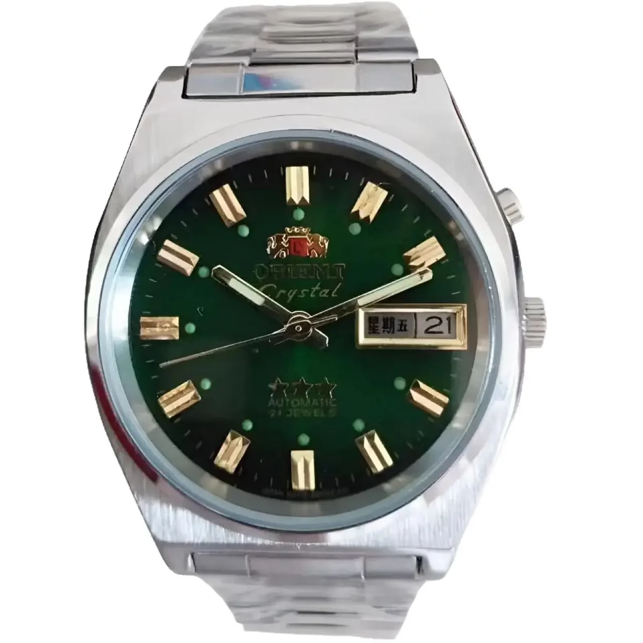 Orologio automatico da uomo Orient Crystal - 21 rubini, quadrante bianco con pennarelli luminosi, cinturino in acciaio inossidabile, datario