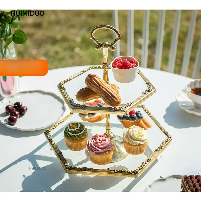 Vintage European Golden Cake Tray Rack, Hexagonal Double-layer Display Rack, Dessert Table Ornament Rack
