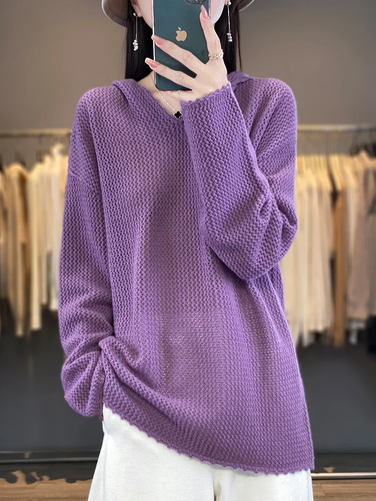 New Women's knitting 100% Wool Sweater Hooded Classic Seamless Thick Loose Hollow Out Pullover High-Quality Tops simple style