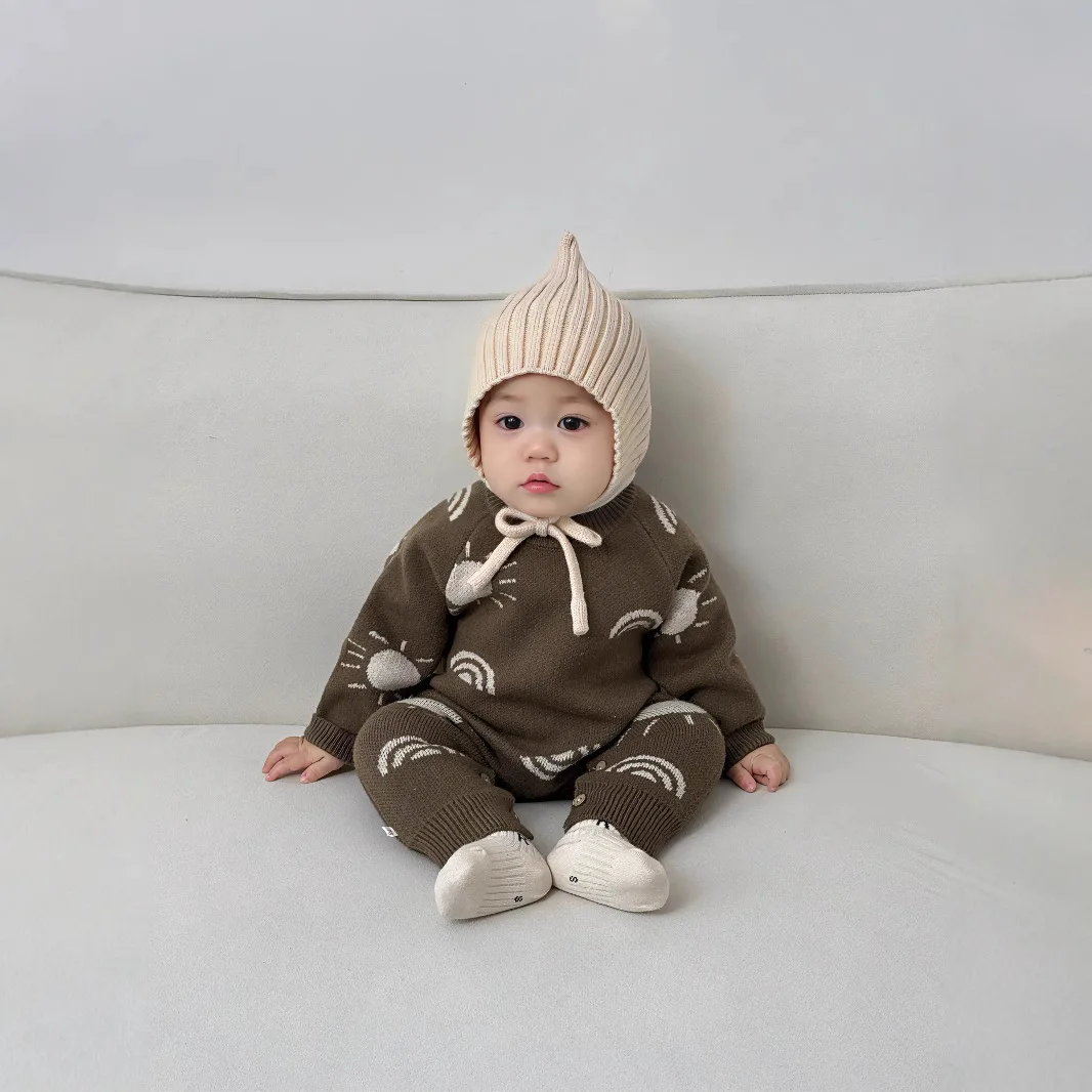 

New Autumn Infant Boys Rompers Cartoon Knitting Prints Newborn Boys Onesies Round Neck Outwear 1-3Y Toddler Boys Jumpsuits