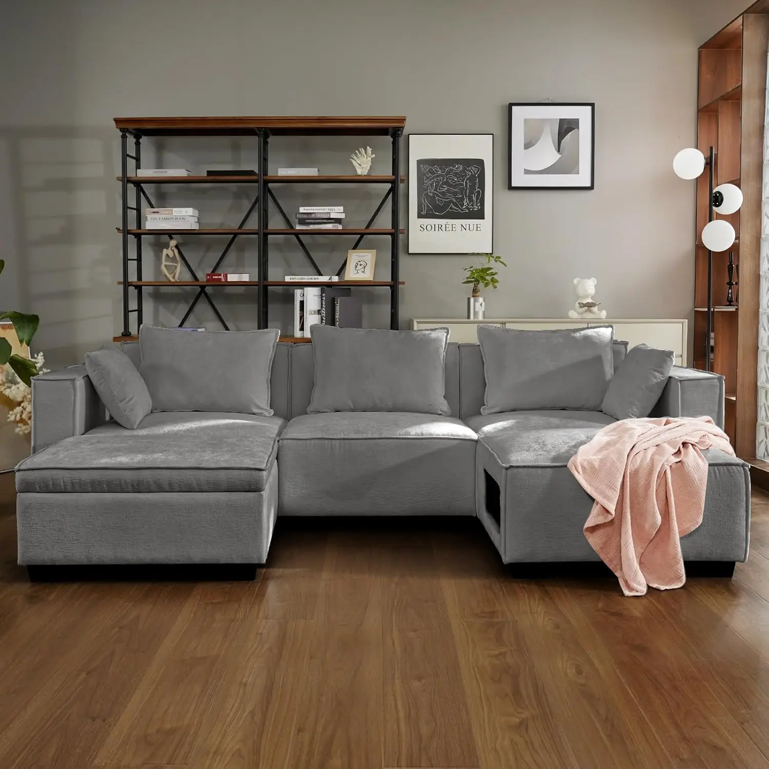 Modular Sectional Sofa Set, U Shaped L Shaped Couch with Storage & Cathole Ottoman, 5 Seat Sofas Couches with Reversible Chaise