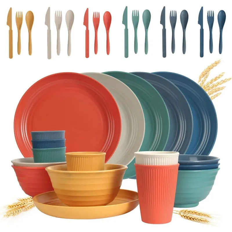 

Wheat Straw Dinnerware Sets - 36 counts Unbreakable Dinnerware Sets, Reusable Wheat Straw Plates and Bowls Sets