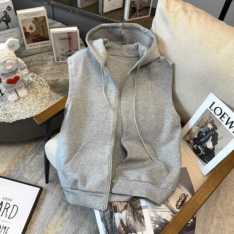 Sleeveless Hoodies Sweatshirts Cardigans Women Hooded Vests Plus Size Loose Fitting Korean Fashion Streetwear Sleeveless Tops