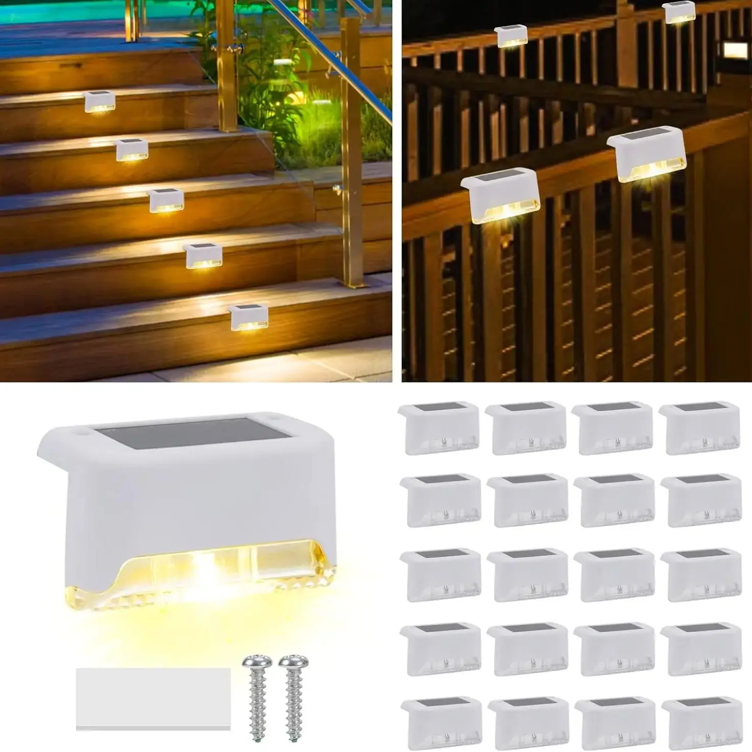 4pcs Solar Deck Lights, Solar Step Lights Outdoor Waterproof Led Solar Fence Lamp for Patio, Stairs,Garden Pathway(White Shell)