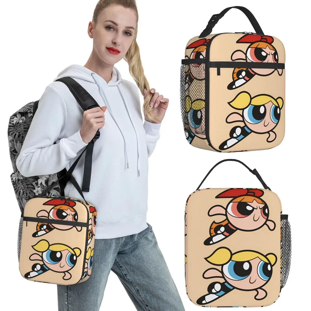 

P-Powerpuffs сумка для обеда для девочек, винтажный ланч-бокс для пикника, портативная термосумка на молнии для женщин, оксфордская сумка-холодильник на заказ