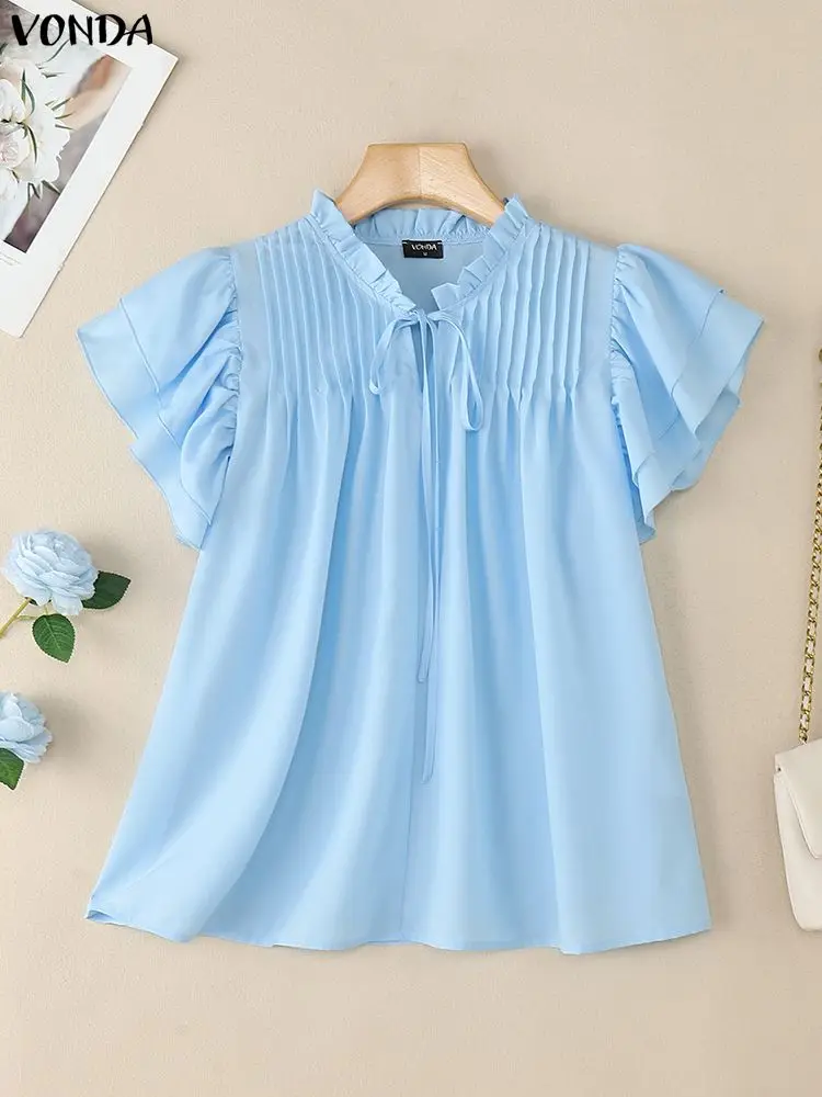 

VONDA модная блузка женская летняя однотонная рубашка с коротким рукавом 2025 с рюшами повязка повседневная туника топ свободный корейский Blusas Femininas