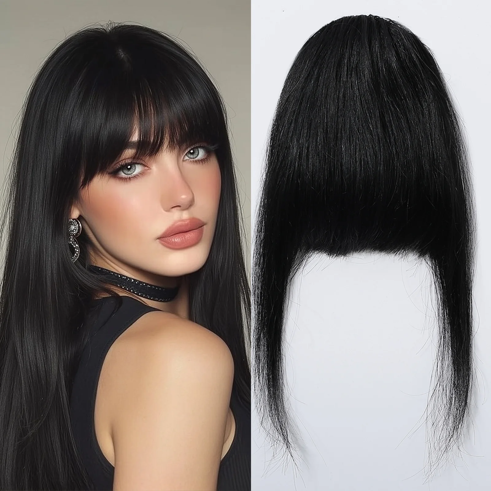 

100% Human Hair Black Bangs with Sideburns Clip in Air Wispy Fringe Hair Extension Piece for Daily Wear Human Hair Bangs