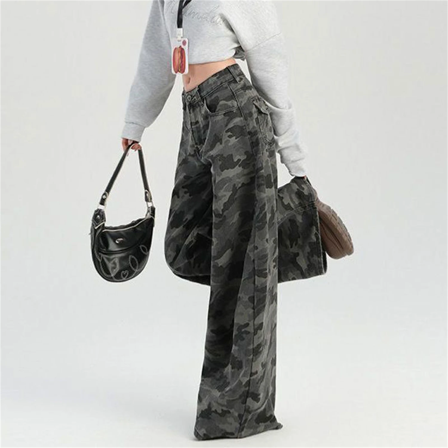 Y2K Women's Camouflage Print Jeans Fashionable Baggy Wide Leg Pants High Waist Loose Fit Streetwear Trousers