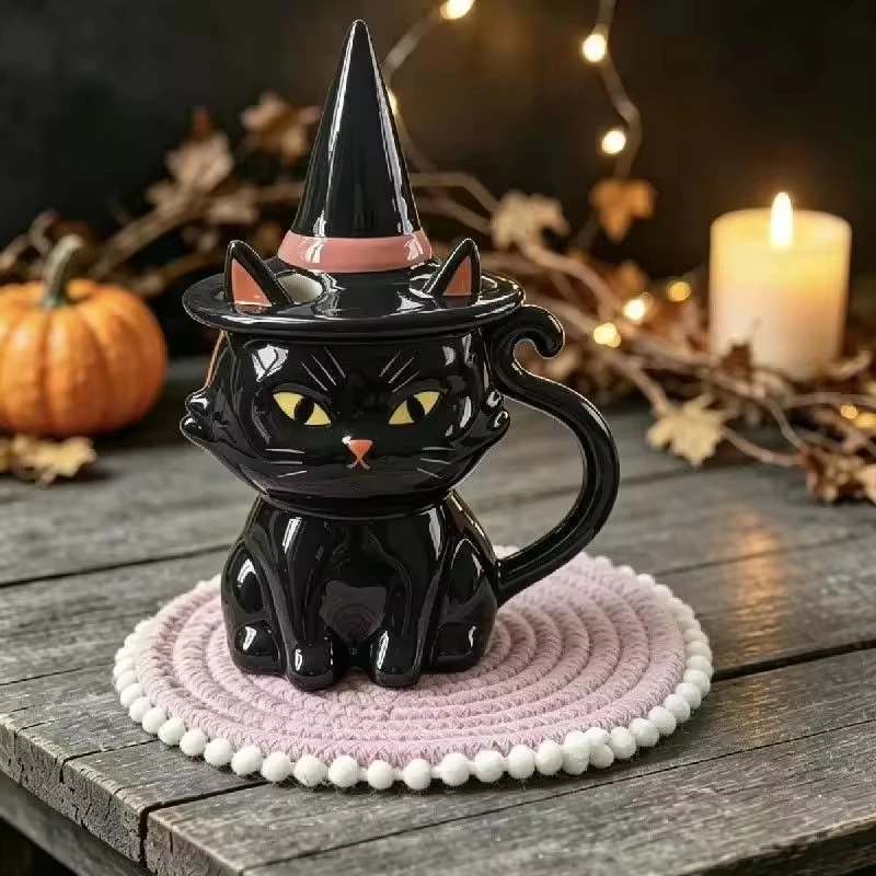 350ml Ceramic Black Cat Witch Hat Decoration Cute Halloween Female Cat Slave Dormitory Party Gift Set
