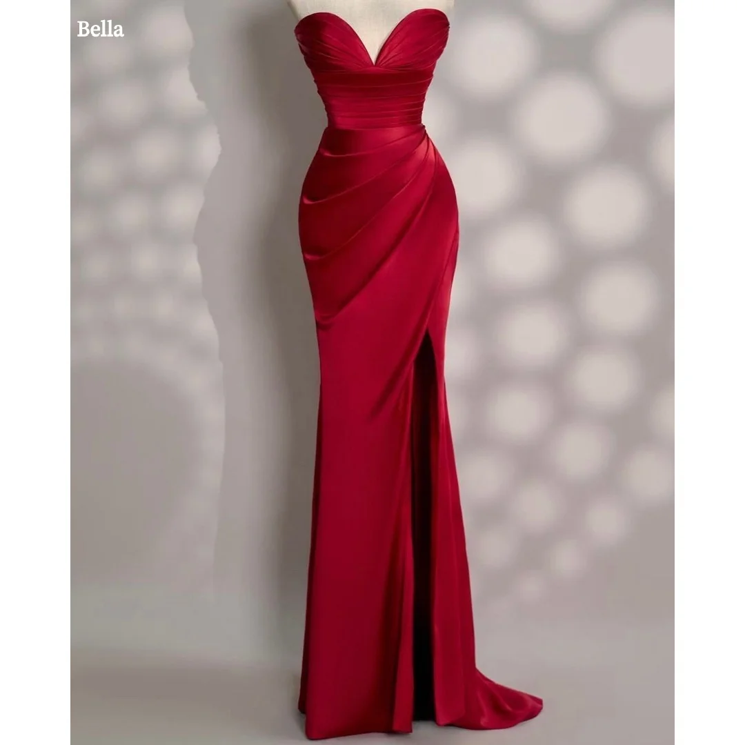 

Bella Customized Red Mermaid Side Slit robes de soirée Satin Strapless Backless Party Dresses Sleeveless Prom Dress Floor-Length