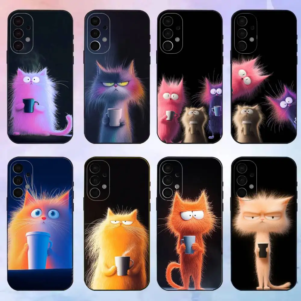 Funny Tired Cat with Coffee phone Case For Samsung S25,24,21,22,23,30,Ultra,20,Plus,Fe,Lite,Note Black Cover