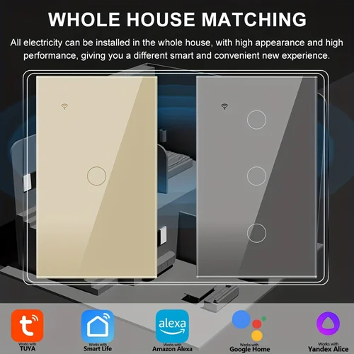 Imagen 2 del producto Interruptor WiFi inteligente cable neutro único Control táctil Universal aplicación Tuya Alexa Google Home Compatible oro gris