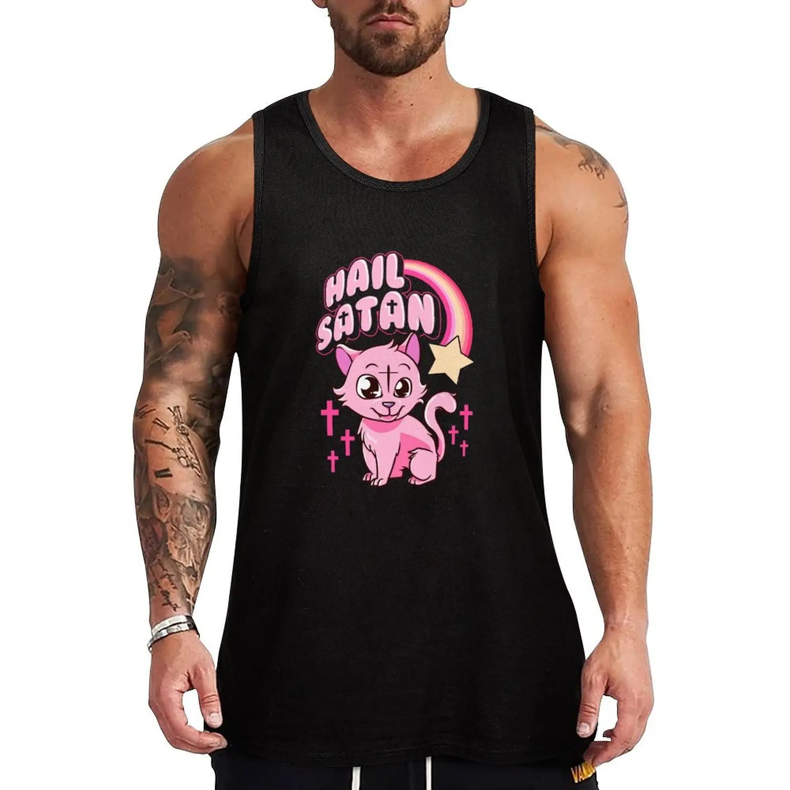 

Hail Satan Cat Cute Rainbow Kitty Heavy Metal Pun Tank Top Durable Stretch Tank Top Casual Athletic Sleeveless