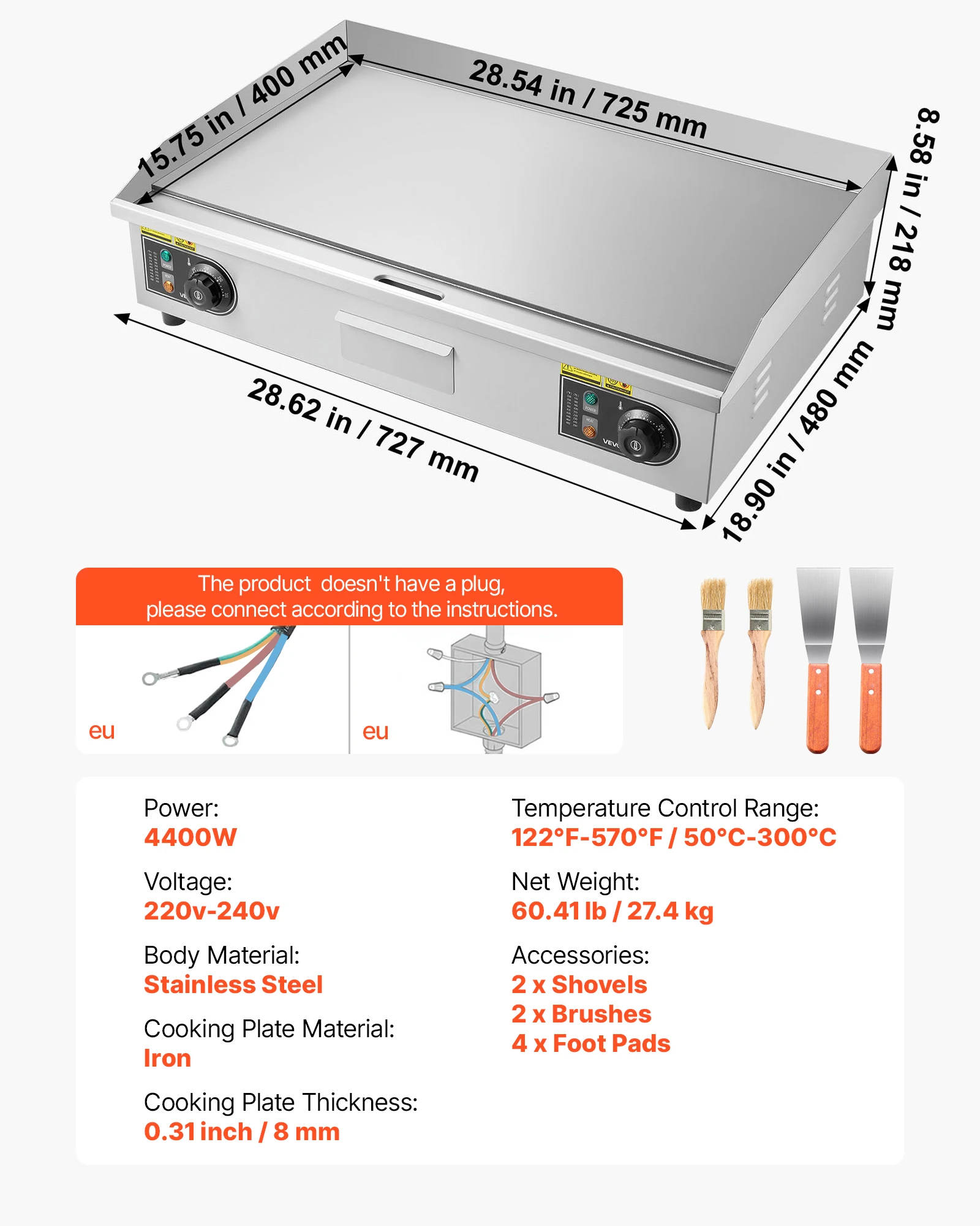 SucceBuy Commerciële Elektrische Grillplaat 50-300 ° C Verstelbare temperatuurregeling, roestvrijstalen aanrechtgrill met vlakke bovenkant voor Steak Panc