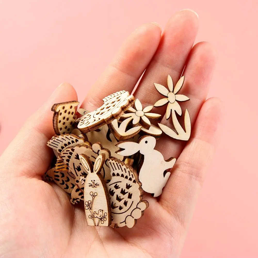 50pcs Natural Eggs Hanging Ornaments DIY Craft Wood Slice Easter Decorations Easter Rabbit Wood Chips