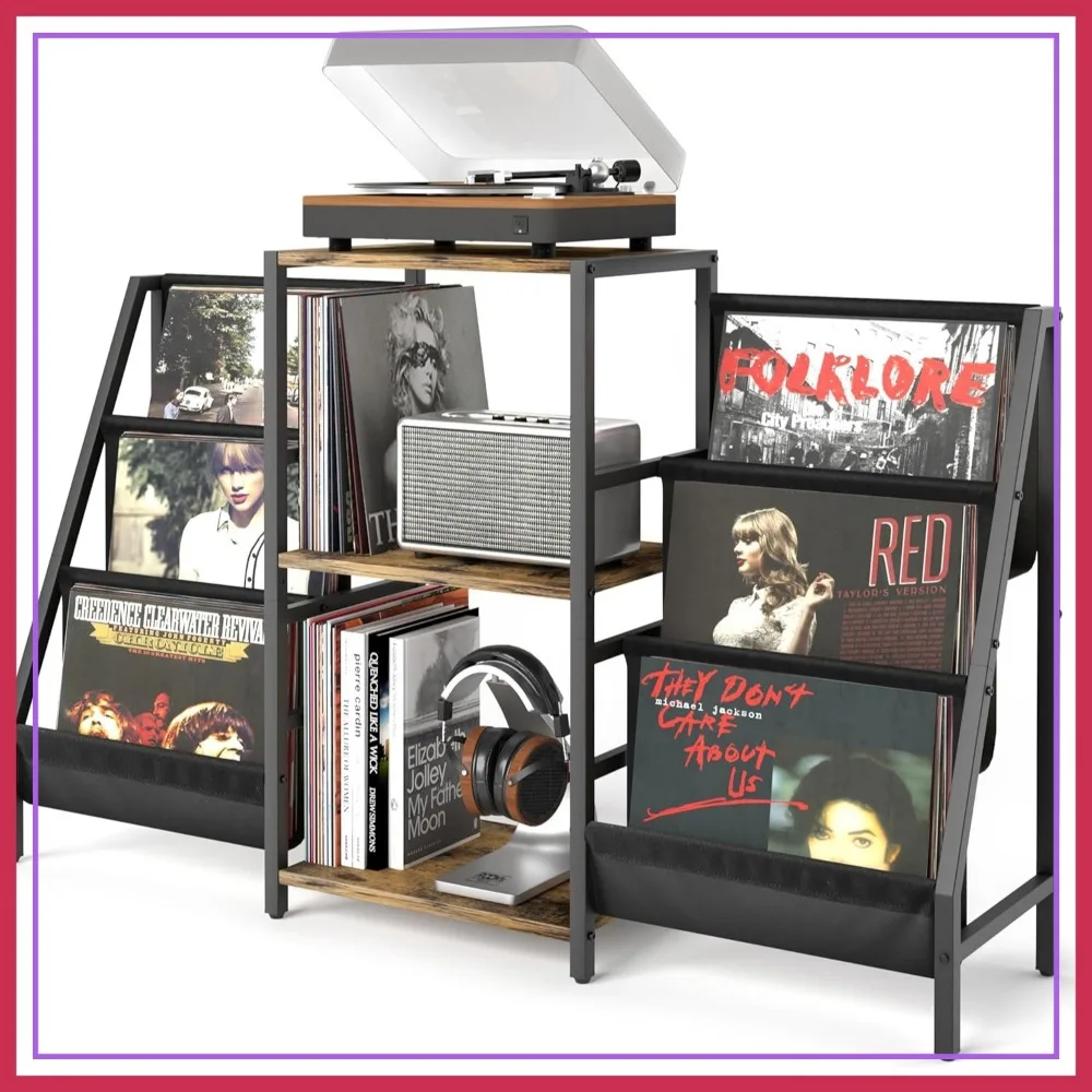 Record Player Stand with Vinyl Storage, Turntable Table Holds 280 Albums, Media Cabinet with Display Shelf for Stereo Audio