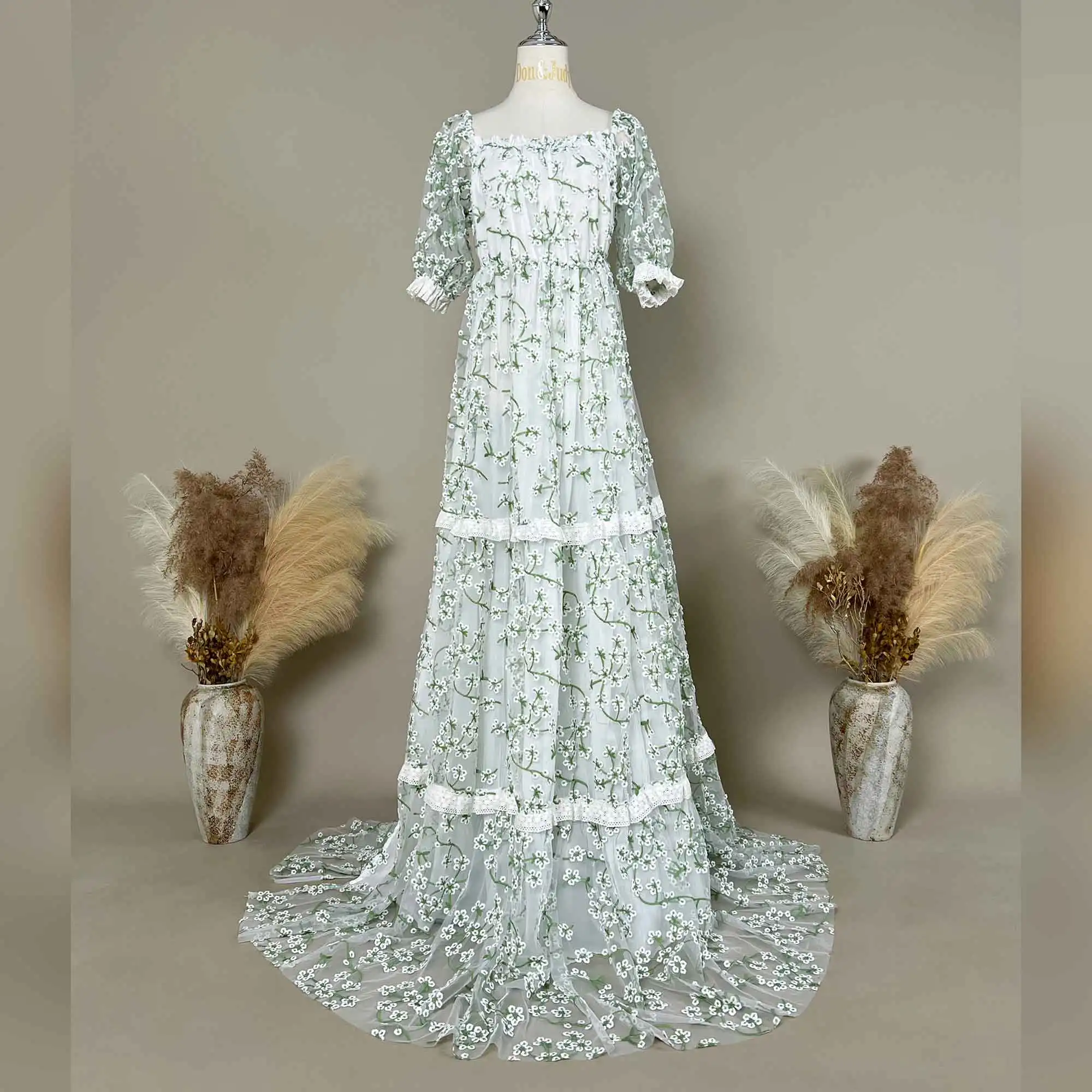 

Don&Judy Spring Summer Green Vine Embroidered Off-Shoulder Puff Short Sleeve Slit Dress Gown for Maternity Dress Photoshoot