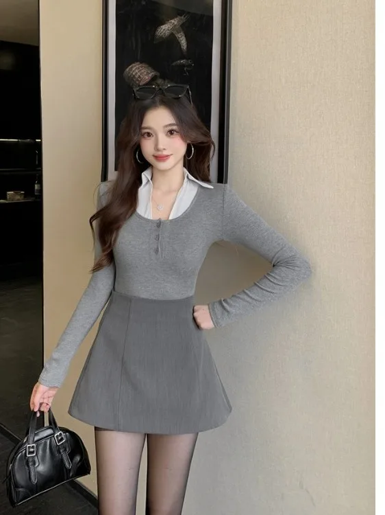 

plus Size Women's Slim Fit irt Pure Desire Sle Patchwork Fake Two-Piece Spring Summer New Arrival Base Top Korean Commute...