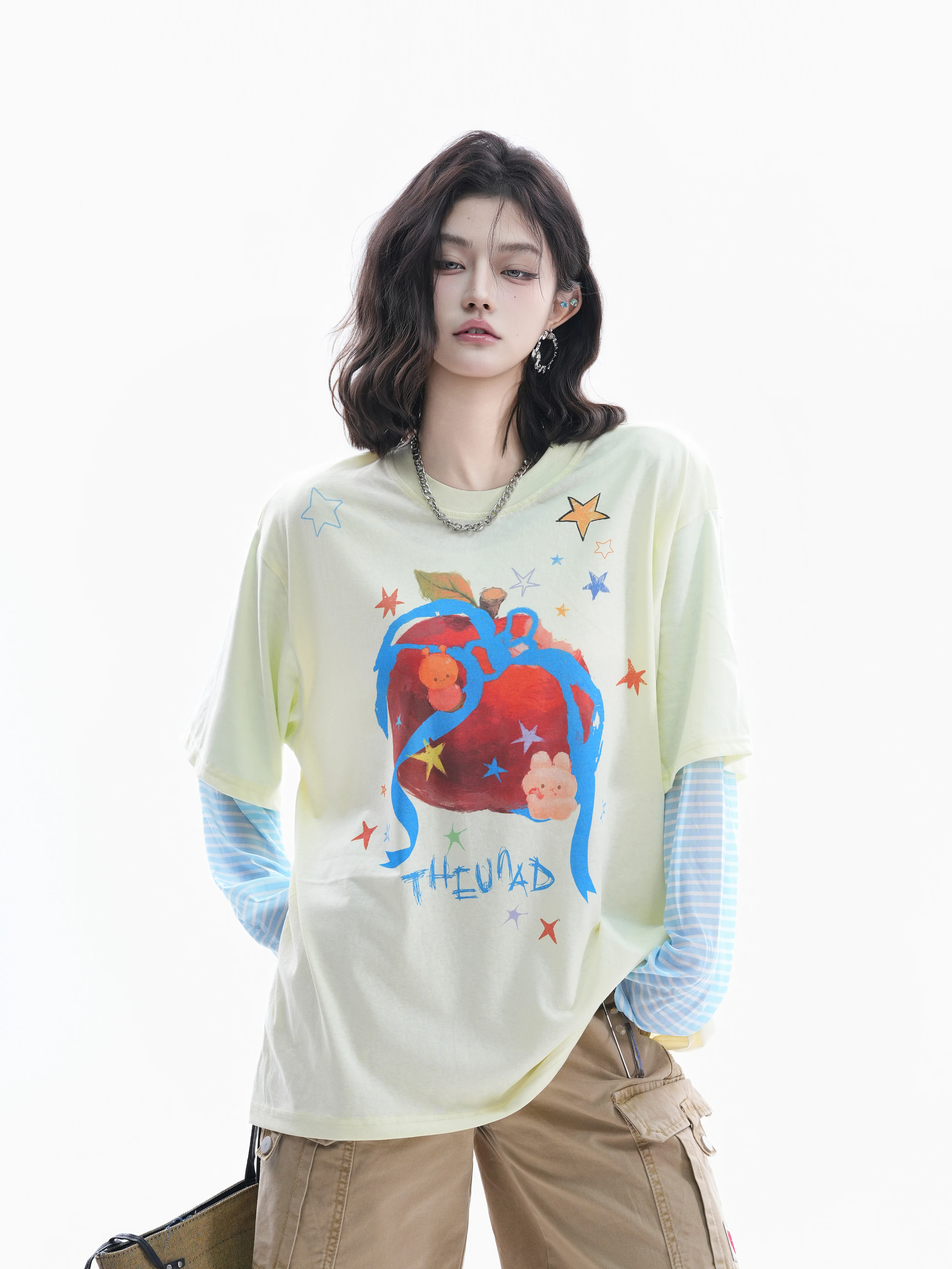 

American Print Long Sleeve T-Shirt Women's Sweet Striped Sleeve Couple's INS Top Cotton Comfortable Breathable Loose Fit