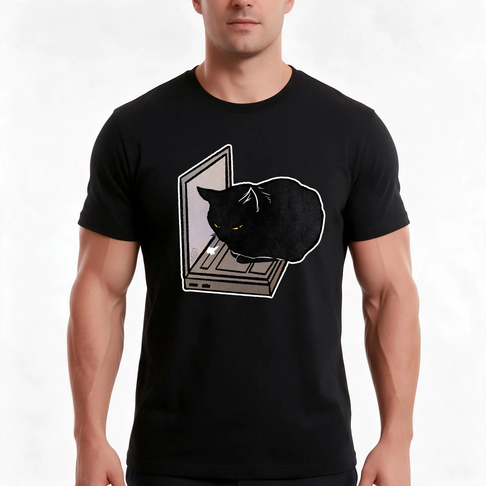 Black Cat on Laptop Funny Black cat at Work T-Shirt, Summer Casual Cotton Tee, Oversized Streetwear Tops, Vintage Graphic Print