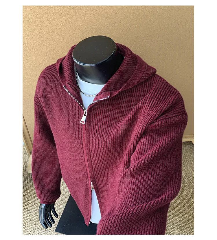 2026 New Autumn Winter Simple Solid Color Knitted Hoodie Men Japan Korean Fashion Casual Loose Double Zipper Hooded Jacket