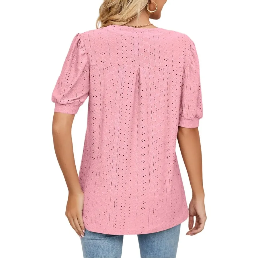 Women's Summer V-Neck Pleated Sleeve Short-Sleeved Casual Top-Shirt