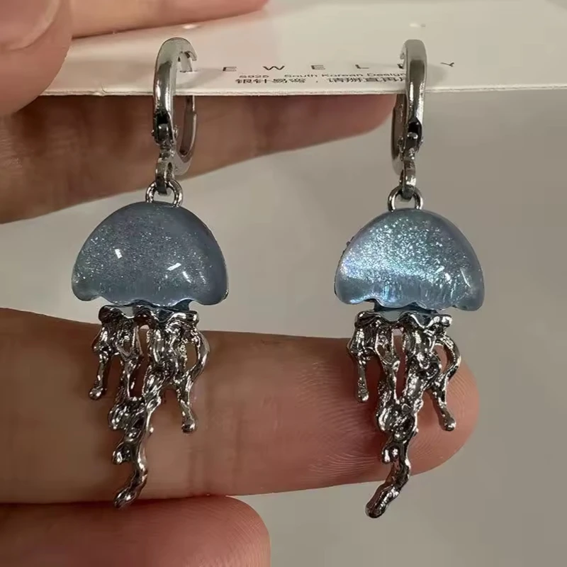 Cute Blue Jellyfish Ocean Pendant Earrings for Women Girls Unique Aesthetic Charm 2000s Harajuku EMO Vintage Jewelry Accessories