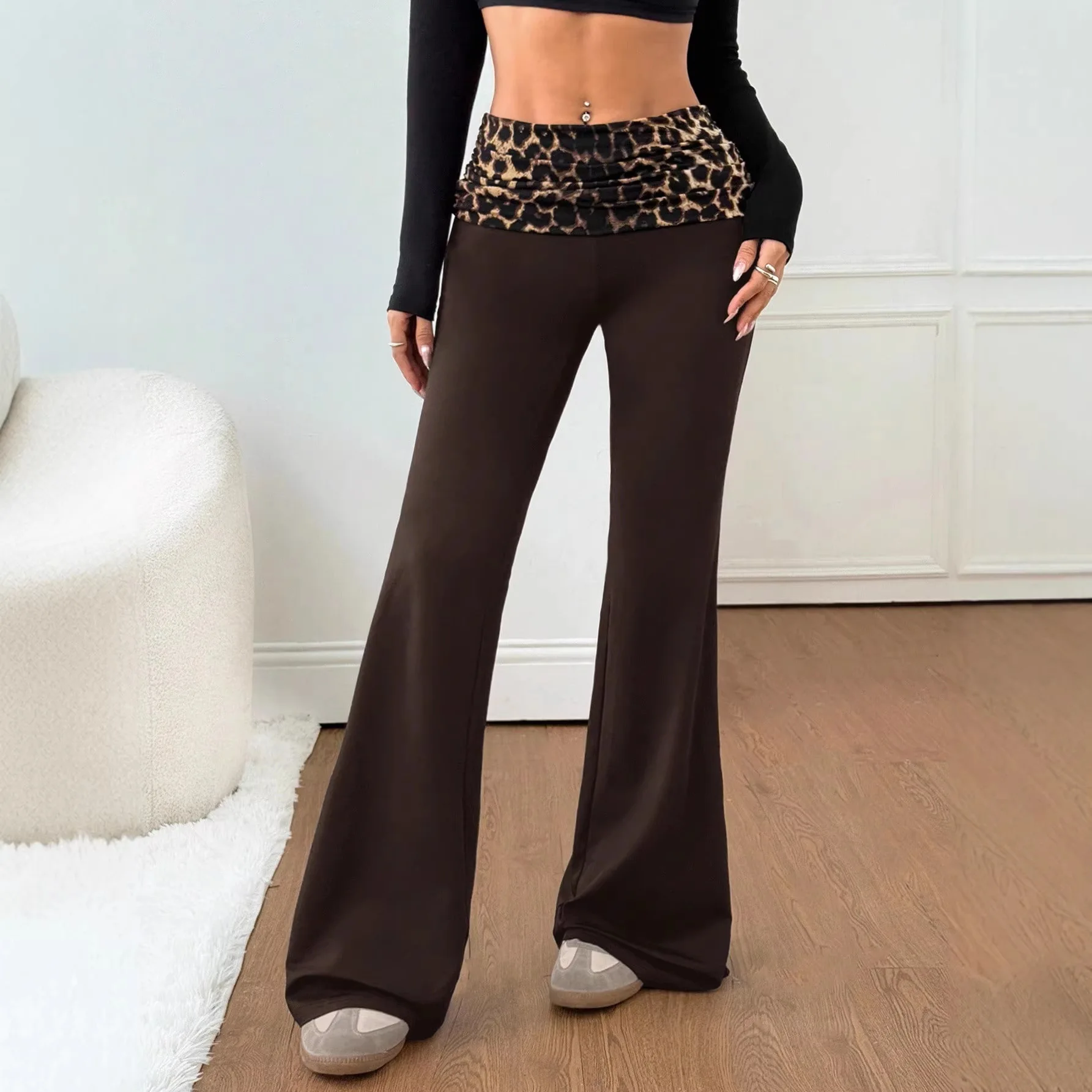 

Summer Patchwork Flared Pants Spliced Leopard Ruch Spliced Yoga Slim Sport Casual Women'S Jogging Trousers Spring Leggings Pants