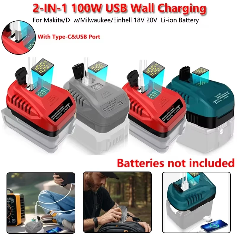 

Замена аккумулятора 18В для Dewalt/Makita/Milwaukee/Einhell, 2-в-1, 100Вт, USB-адаптер для зарядки от сети, с LED-дисплеем, порт Type-C и USB