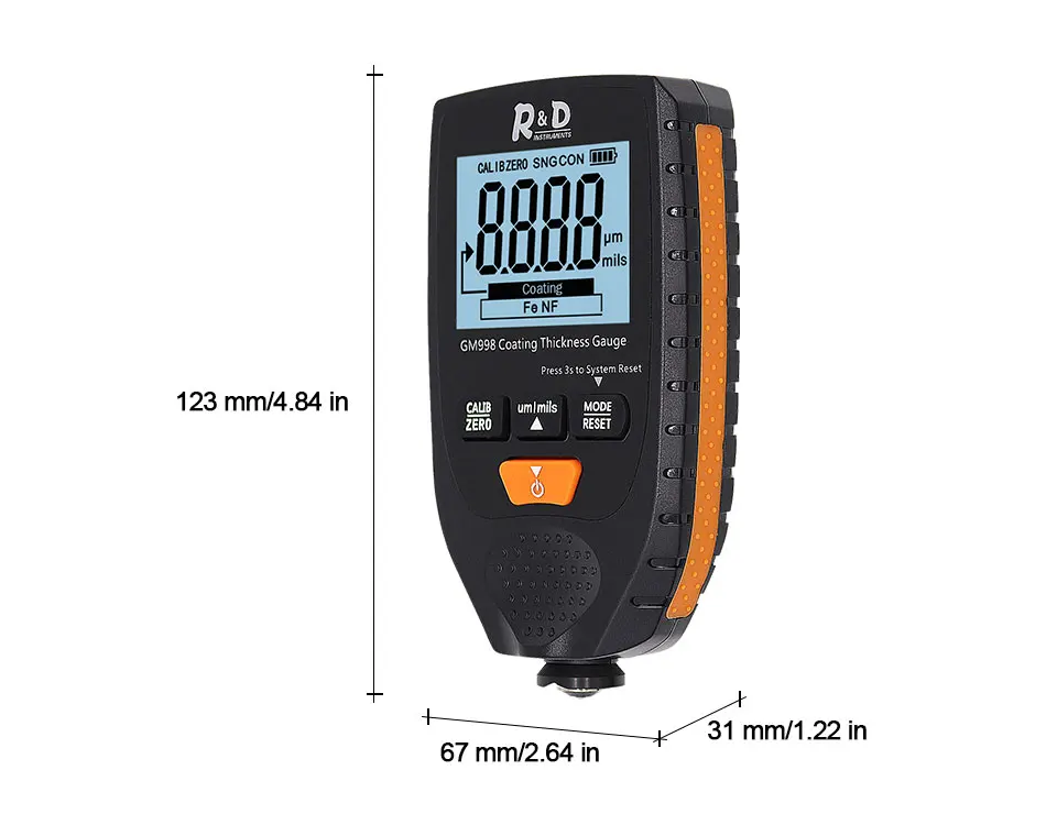 

GM998 Car Paint Coating Thickness Gauge Car Paint Electroplate Metal Coating Thickness Tester Meter 0-1500um Fe & NFe Probe