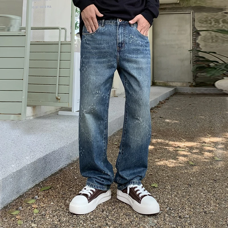 

Японские винтажные потертые джинсы для мужчин, модные свободные прямые рваные синие джинсовые брюки, модная уличная одежда высокого качества