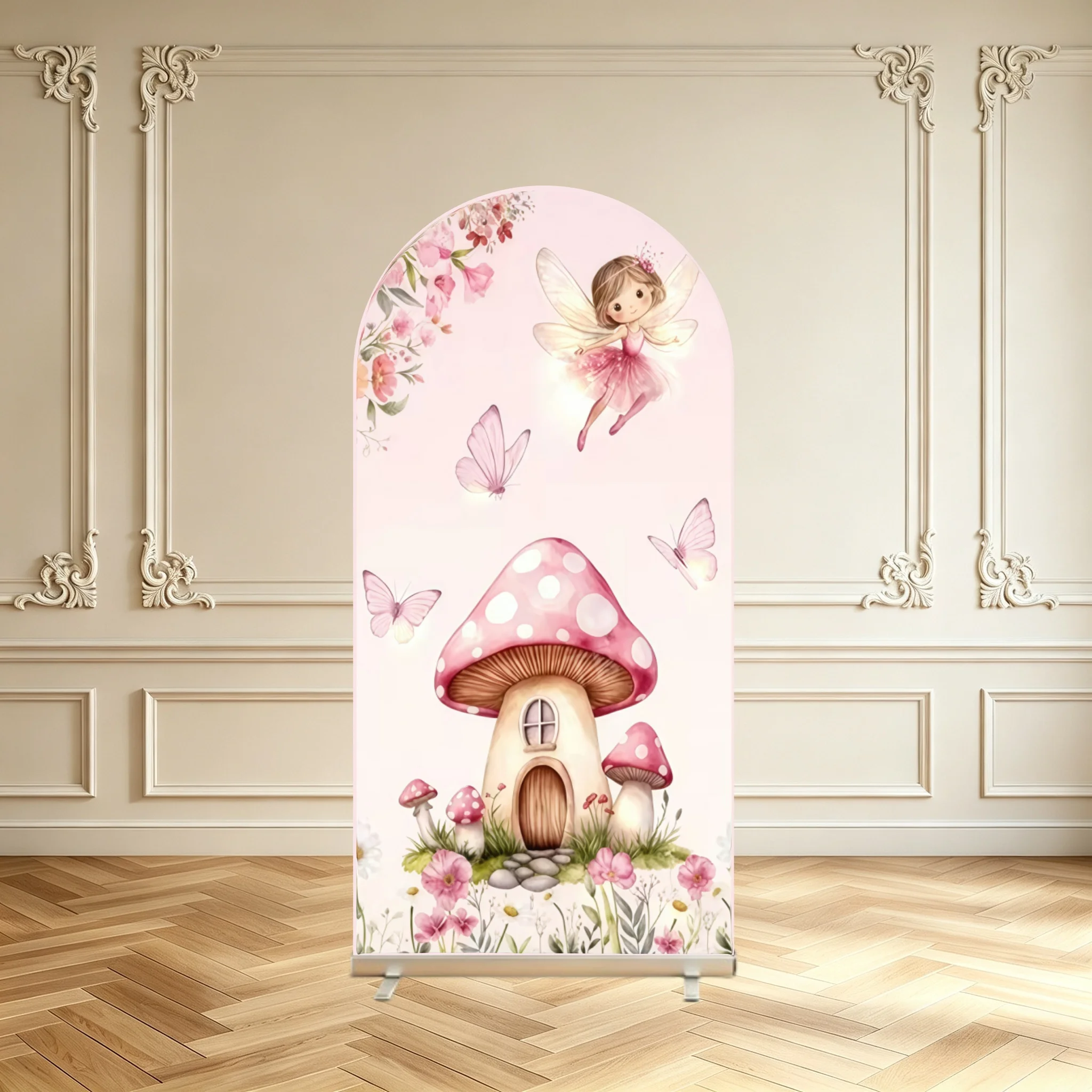 Fairy Girl 1st Birthday Arch Backdrop Cover Pink Fairy Mushroom Floral Baby Shower Party Double Sided Arch Cover Background