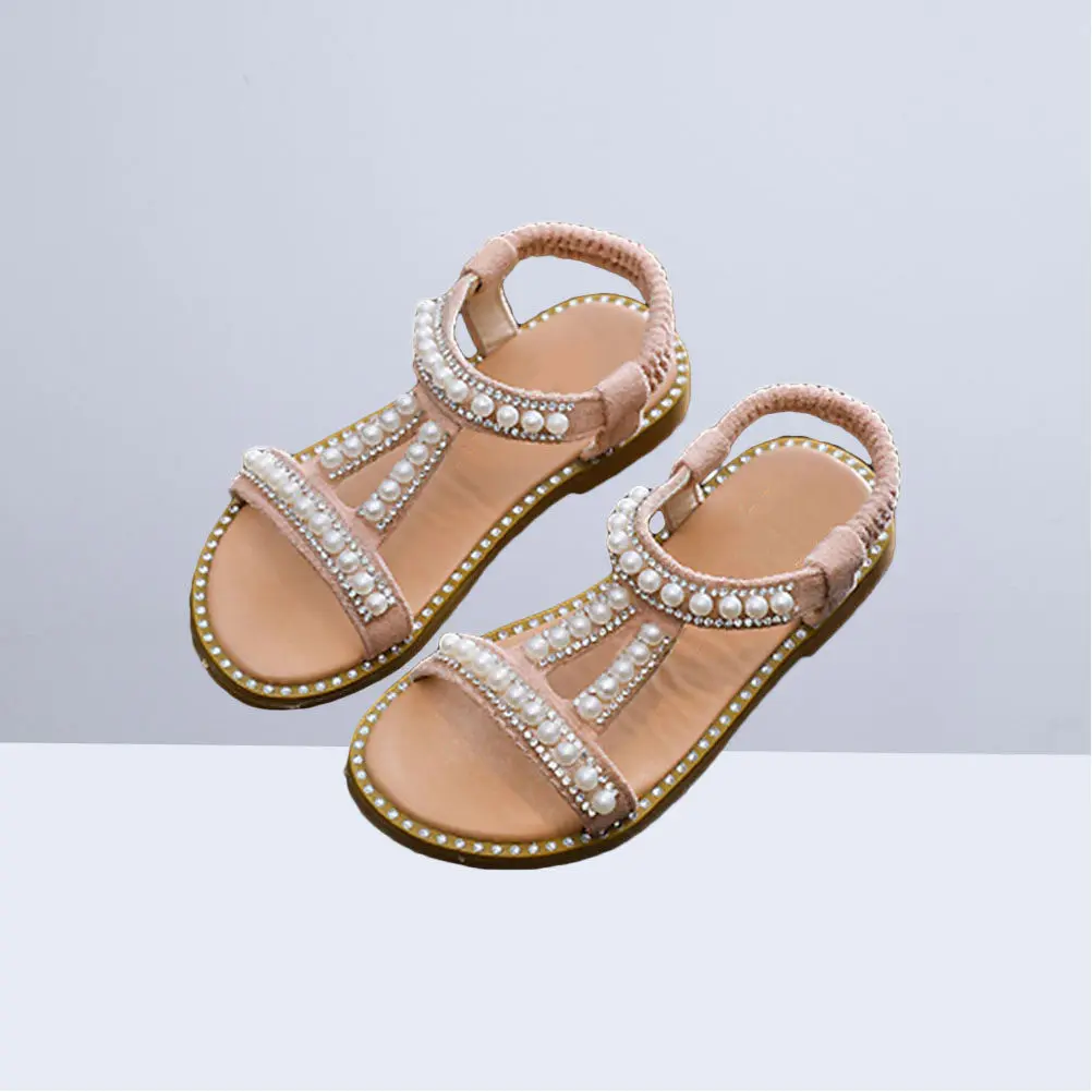 Kids Girls PU Sandals Princess Design Pearl Embellished Breathable Flat Shoes for Summer Parties Birthdays Tutu Outfits