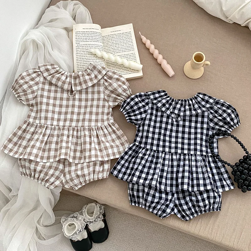 2024 New Summer Infant Baby Girls Clothing Set Short Sleeved Cotton Lattice Shirt+Shorts Toddler Baby Girl Clothes Suit