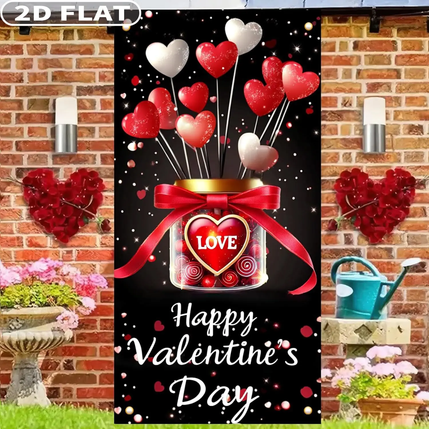 2D FLAT 1pc Valentine's Day Heart Shape Party Packs Door Banner, 3x6 FT Red And Multicolored, Polyester Flag Banner