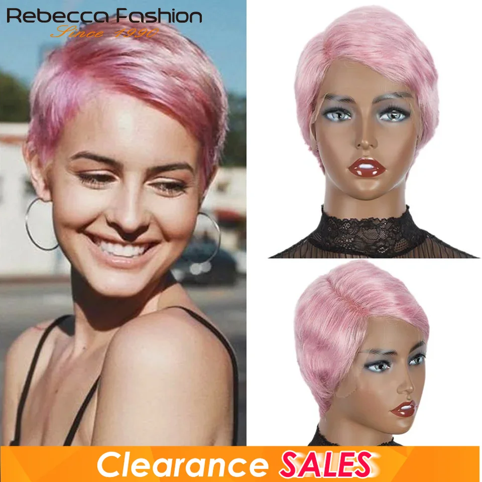 Pink Hair Pixie Cut Lace Wig Natural Straight Hair 150% Density 13x1 Lace Brazilian Human Hair Wig with Side Part Clearance Sale
