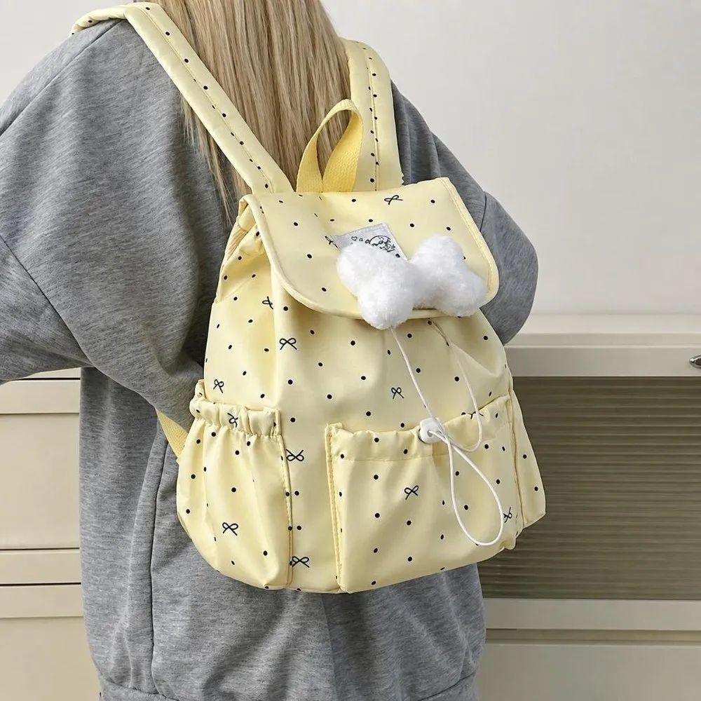 Sweet Drawstring Polka Dot Backpack Bowknot Ultra Light Double Shoulder Bag Large Capacity Nylon Commuting Backpack Women