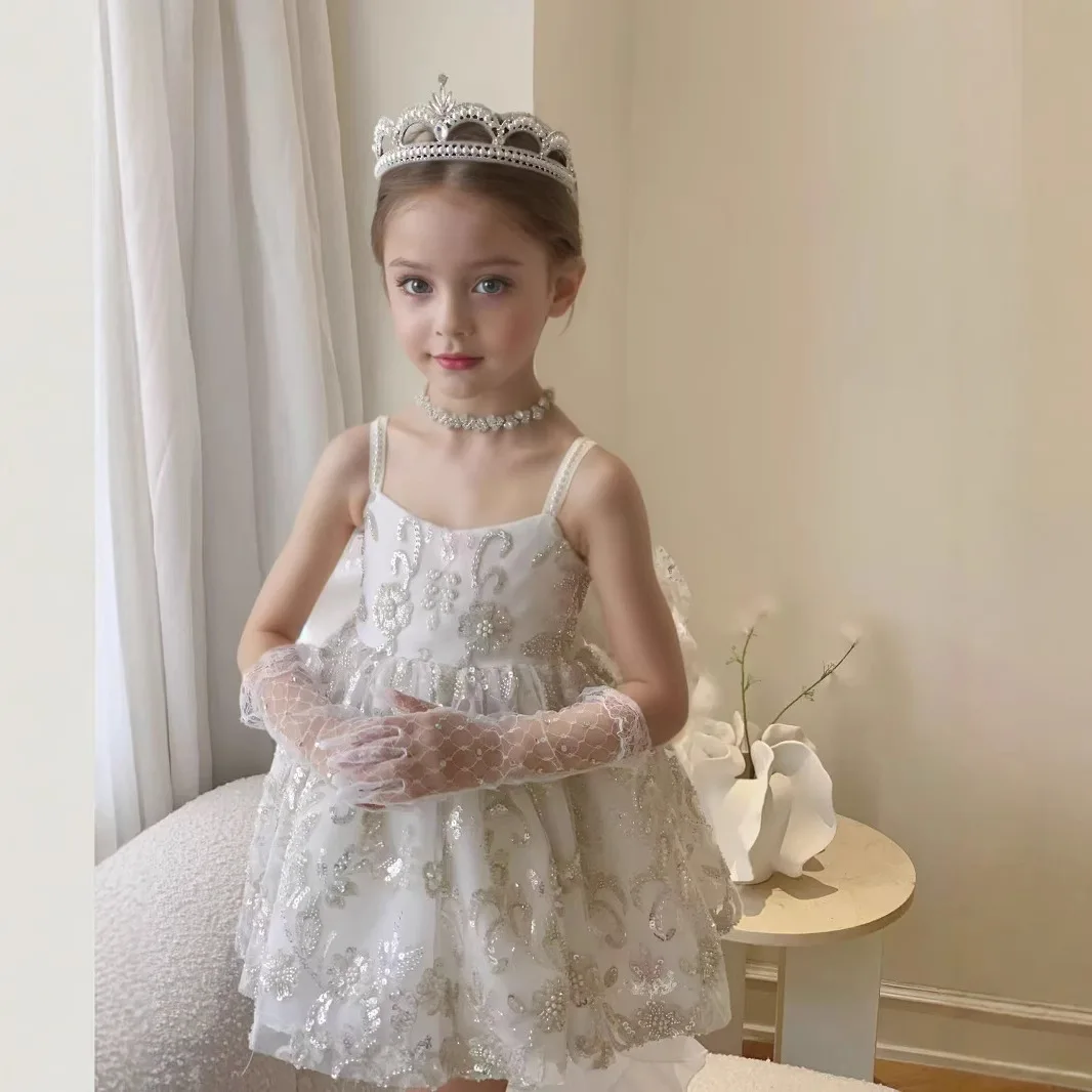 

Girls Dress Suspenders White Flower Girl Wedding Music Box Dress Year-old Host Performance Princess Dress