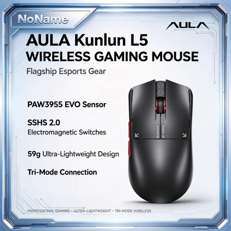 AULA Kunlun L5 Wireless Gaming Mouse PAW3955 EVO Electromagnetic Switch Dual 8K Polling RT Adjustable 59g Lightweight Tri Mode
