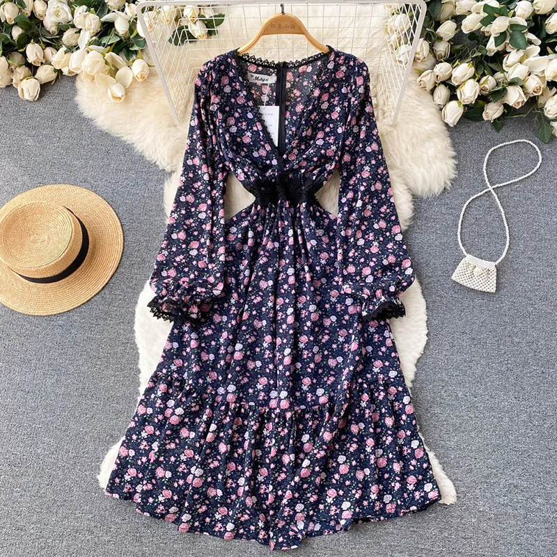 Nieuwe Zomer Bloemen Gedrukt Bohemian Jurken Vrouwen Vintage V-hals Zonnejurk Mid-Lengte Party Dress Lady Slim Lange Mouwen vestidos