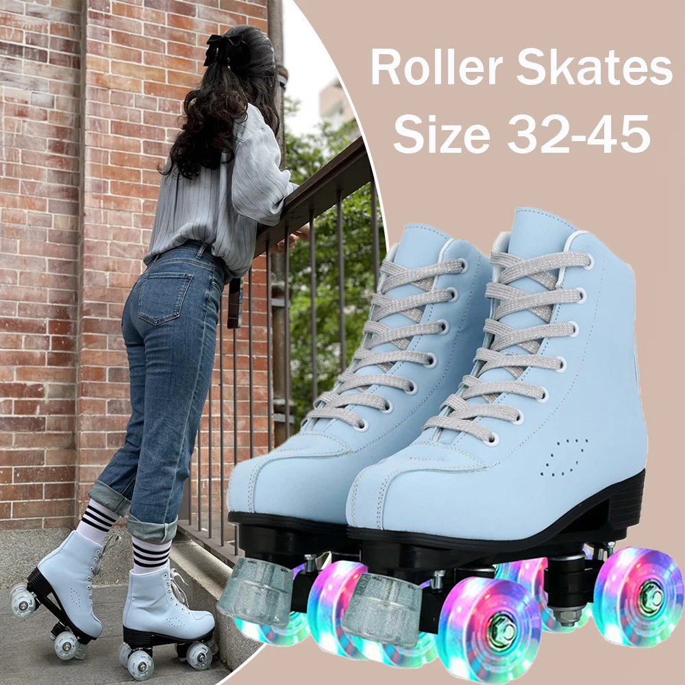 

2025 мигающие роликовые коньки, женские двухрядные четырехрядные коньки, роликовые коньки из искусственной кожи, обувь для катания на коньках, уличные кроссовки для взрослых
