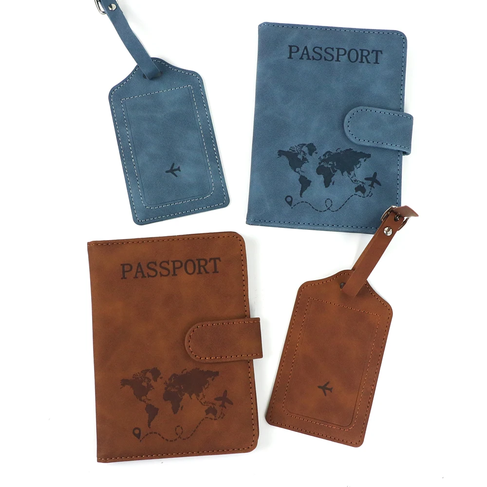 Customized Name Anti-Magnetic Passport Book PU Leather Passport Holder Luggage Tag Magnetic Snap Passport Bag Set view 2