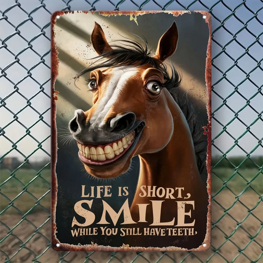 HorseSmileVibe Humorous Horse Smile Metal Sign - Vintage Tin Plaque, Weather-Resistant Home/Bar/Garden Decor & Gift
