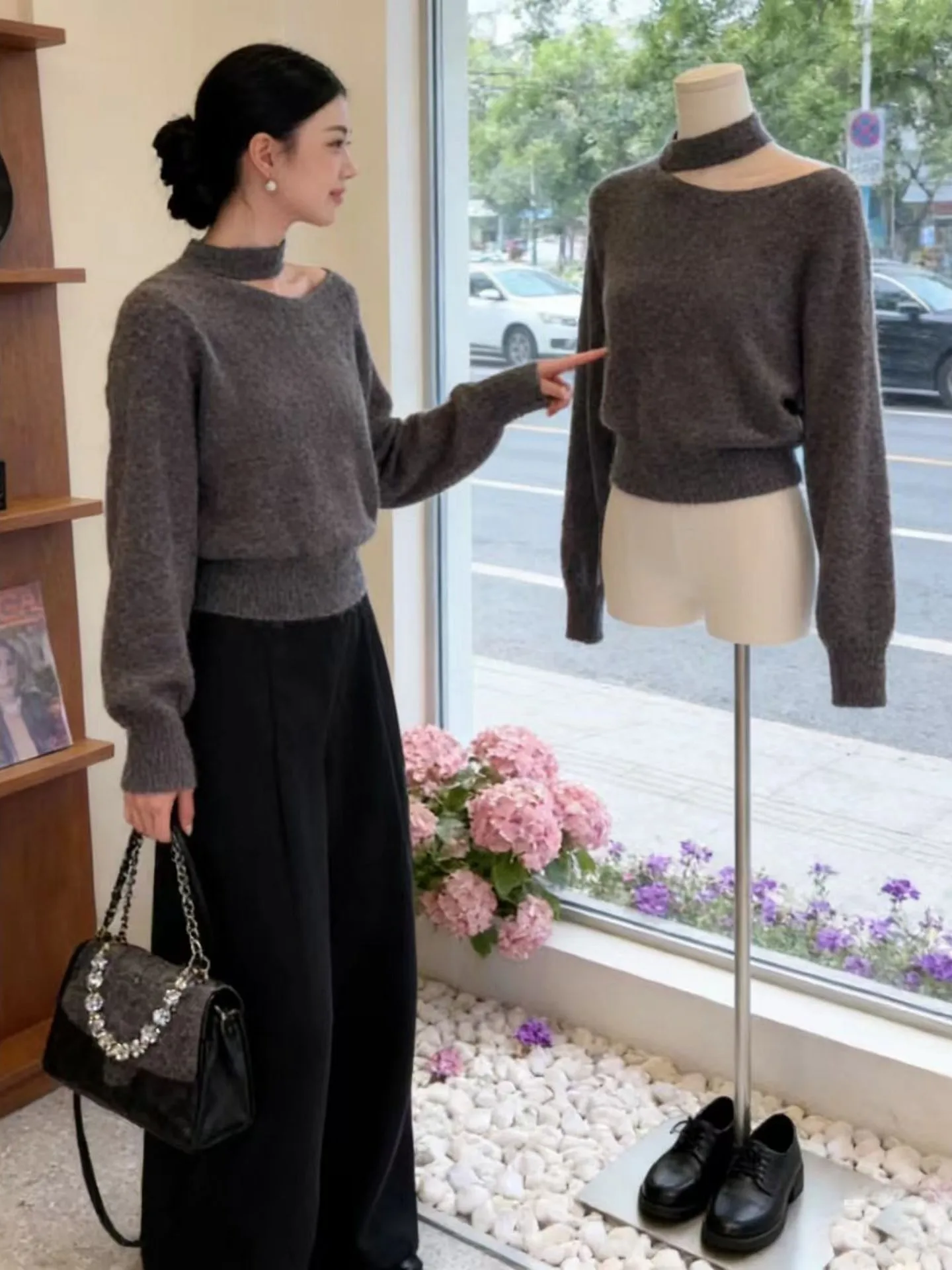 

Trendy ey Knitted Sweater oulder Hanging Neline Slanting Sle Faionable Top Women's Winter New Waist Cinched French ...