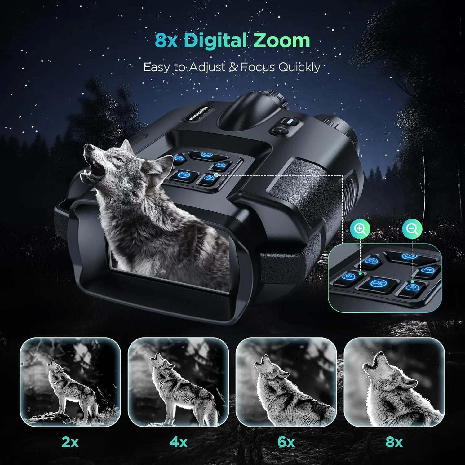 大人用4Kナイトビジョンゴーグル、2000FT赤外線ナイトビジョン双眼鏡、64GBカード付き、タクティカルライト、8Xデジタルズーム·ホット