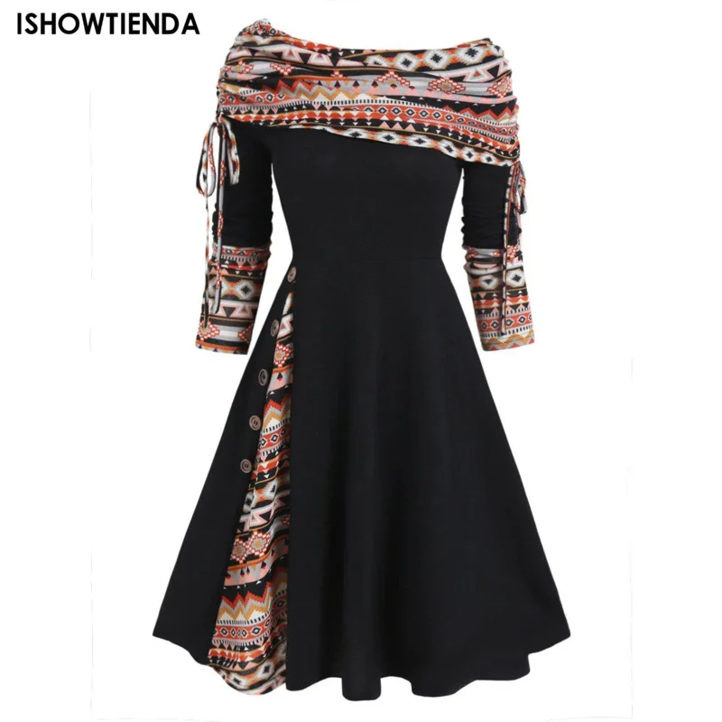 Convertible Cinched Striped Flare Dress Foldover Off The Shoulder Knitted Dresses Women 2023 Long Sleeve For Women Jurken