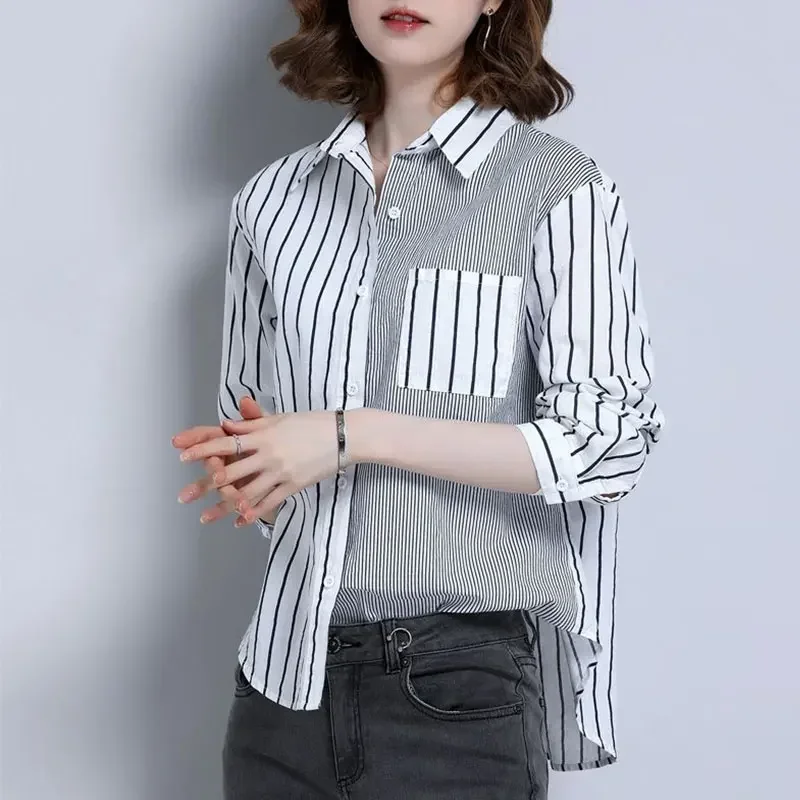 

Women New Style Fashion Simplicity Striped Collar Long Sleeve Shirts Women Clothes All-match Casual Loose Temperament Tops