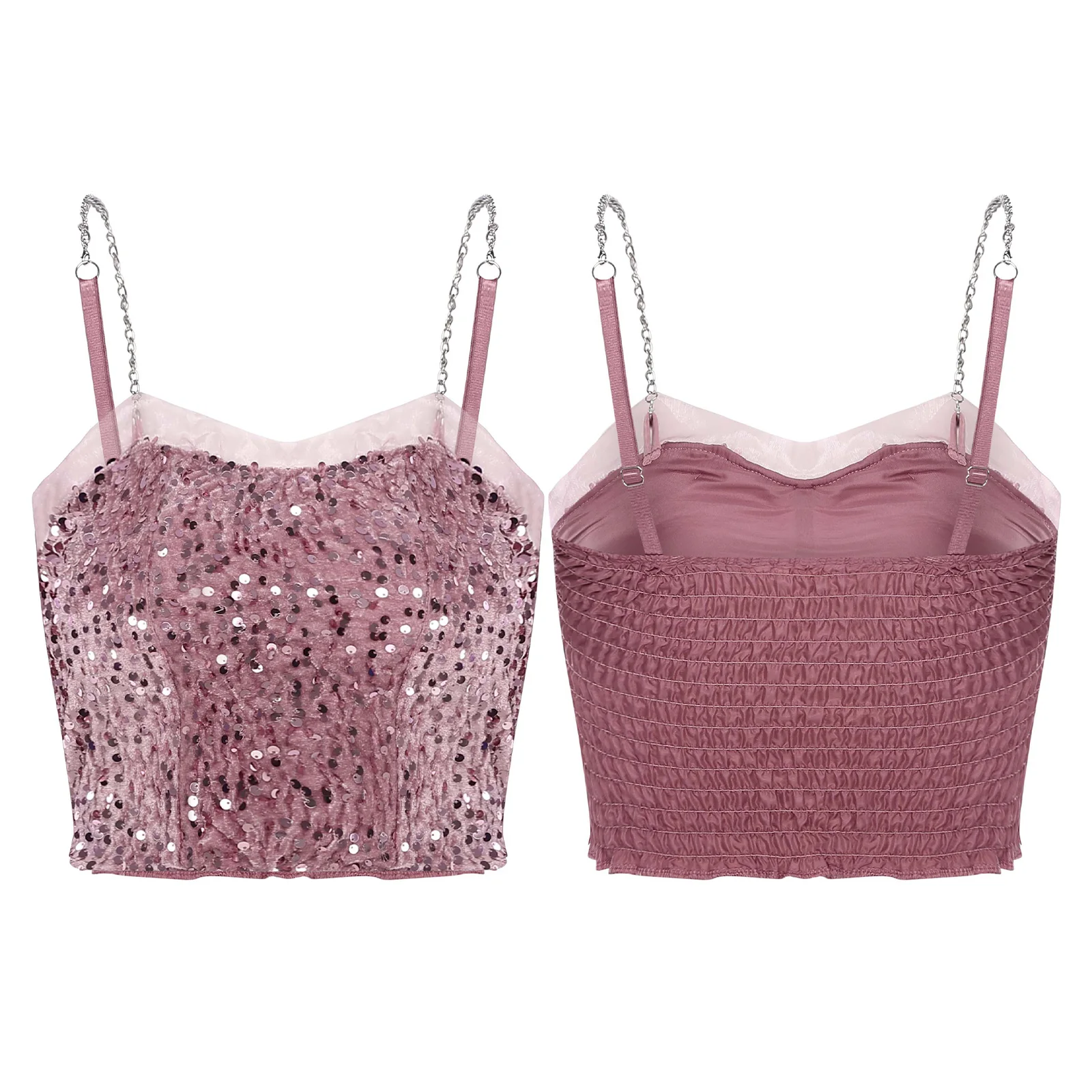 قميص قصير نسائي مثير سباركلي مطرز بالترتر المخملي سلسلة أشرطة كتف مرنة الظهر المدمج في وسادة قطع علوية قصيرة تانك القمم موضة كامي #4