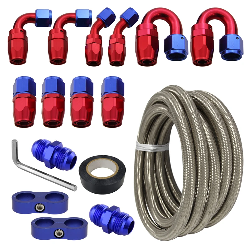 16.4FT 5M AN10 نايلون/فولاذ ستانلس ستيل مضفر غاز/زيت/خط الوقود + AN10 طقم تركيب نهاية خرطوم عالمي أسود/فضي